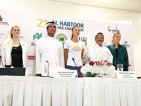 From left: Wild card Monika Kilnarova, Nasser Al Marzouqi, Kristine Mladenovic, Khalaf Al Habtoor and Dalma Galfi at the formal announcement of the 21st Al Habtoor Tennis Challenge.