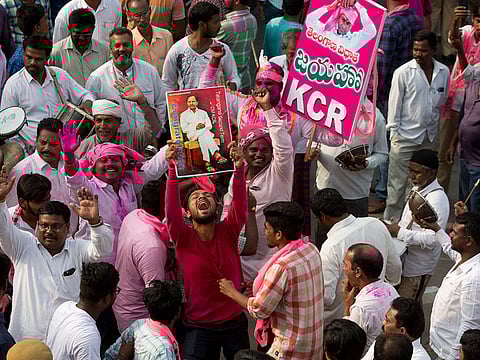 Supporters of Telangana Rasthtra Samathi (TRS) celebrate victory for the party in the Telangana State Assembly elections in Hyderabad, India.
