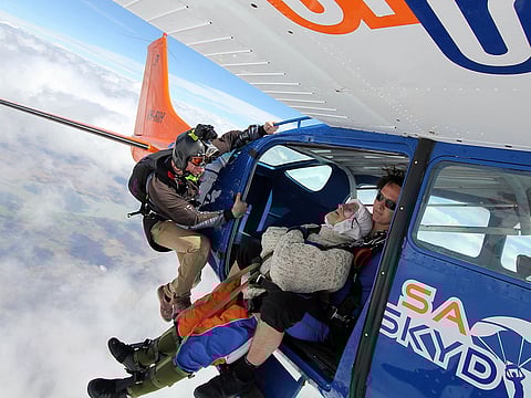 102-year-old great-grandmother Irene O’Shea starting her skydive tandem jump from a plane over Wellington in South Australia. 