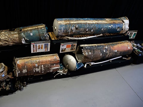 Fragments from Iranian short range ballistic missiles (Qiam) are displayed at the Iranian Materiel Display (IMD) at Joint Base Anacostia-Bolling, in Washington, Thursday Nov. 29, 2018. 