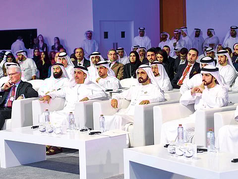 Shaikh Mohammad Bin Rashid, Shaikh Hamdan Bin Mohammad, Lt-Gen Shaikh Saif Bin Zayed Al Nahyan, Deputy Prime Minister and Minister of Interior; and Mohammad Abdullah Al Gergawi, Minister of Cabinet Affairs and the Future, at the forum.