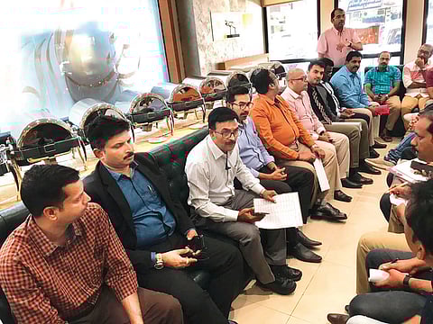 A group of around three dozen suppliers of Al Manama Supermarket addressing the media. They claimed that the 40-year-old chain, with 20 supermarkets and hypermarkets, never had a history of bounced cheques or delayed payments. 