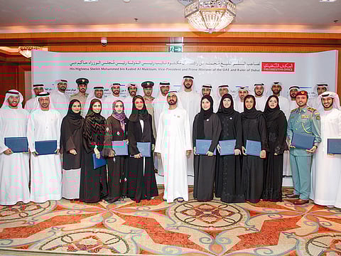 Shaikh Mohammad Bin Rashid with the new batch of leaders who graduated from the Mohammad Bin Rashid Programme for Leadership Development.