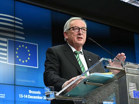 President of Commission Jean Claude Juncker gives a joint press with President of Council Donald Tusk  (unseen) on December 13, 2018 in Brussels.