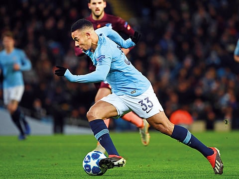 Manchester City’s Brazilian striker Gabriel Jesus takes control of the ball during the Champions League match against Hoffenheim at the Etihad Stadium.