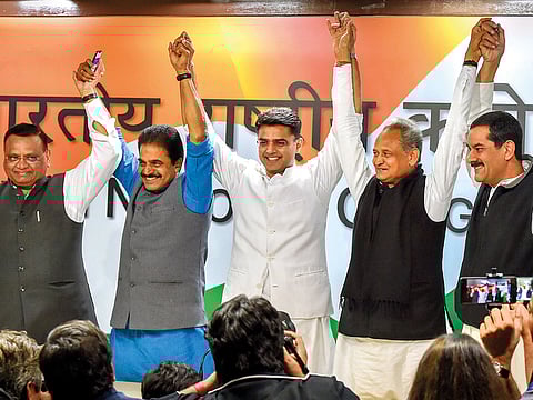 Rajasthan Congress president Sachin Pilot (centre) and chief minister-designate Ashok Gehlot (second right) at the party’s headquarters in New Delhi yesterday.