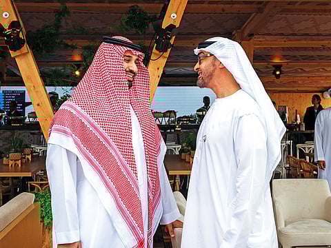 Shaikh Mohammad and Prince Mohammad Bin Salman attend the Formula E championship race at the historical Saudi city of Diriyah