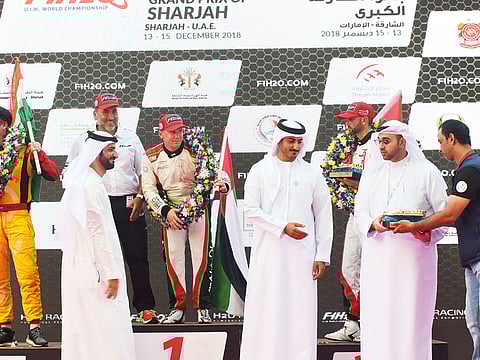 Shaikh Sultan Bin Ahmad Al Qasimi, Chairman of the Sharjah Media Council and Member of the Sharjah Executive Council with the top three in yesterday’s race: Erik Stark, Jonas Andersson and Shaun Torrente.