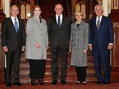 David Hurley (centre) with, from left, Jim Mattis, Marise Payne, Julie Bishop and Rex Tillerson at Government House in Sydney, Australia, June 5, 2017. 