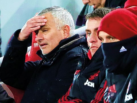 Manchester United manager Jose Mourinho reacts during Sunday’s match with Liverpool. United lost 1-3.