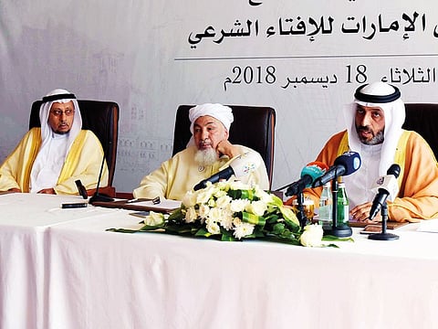 From left: Dr Ahmad Al Haddad, Grand Mufti of Dubai, Shaikh Abdullah Bin Bayyah and  Dr  Mohammad Mattar Al Kaabi adddressing a press conference in Abu Dhabi.