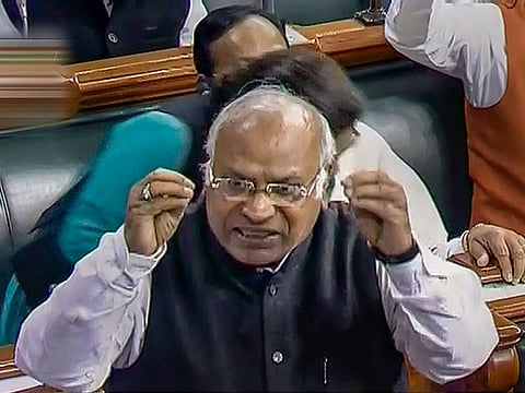 Congress MP Mallikarjun Kharge  speaks in the Lok Sabha during the Winter Session of Parliament, in New Delhi, Tuesday, Dec. 18, 2018.