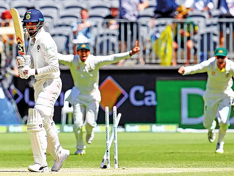 Indian opener Lokesh Rahul is bowled by Australia’s Mitchell Starc during day four of the second Test in Perth.