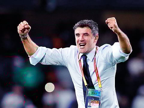 Emirates's Al Ain head coach Zoran Mamic celebrates during a penalty shootout at the end of the Club World Cup semifinal soccer match between Al Ain Club and River Plate at the Hazza Bin Zayed stadium in Al Ain, United Arab Emirates, Tuesday, Dec. 18, 2018. 