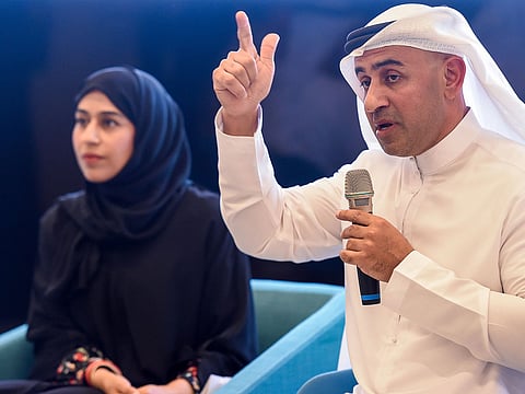 Abdullah Nasser Lootah and Hessa Bint Eisa Bu Humaid during the Household Survey press conference at Youth X Hub at Emirates Towers, Dubai. 