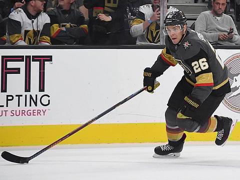 Paul Stastny of the Vegas Golden Knights skates with the puck against the New York Islanders in the second period of their game at T-Mobile Arena on December 20, 2018 in Las Vegas, Nevada.