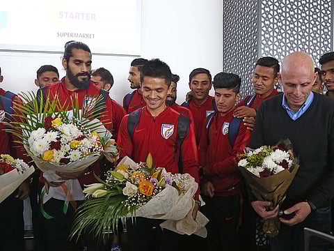 India skipper Sunil Chhetri, coach Stephen Constantine and other team members being received at the Abu Dhabi International Stadium.