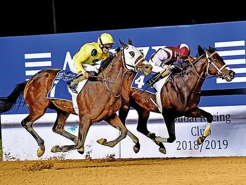 Stunned (eft), ridden by jockey Patrick Dobbs and trained by Doug Watson wins The Dubai Creek Mile race at Meydan racecourse on Thursday  20 December 2018.