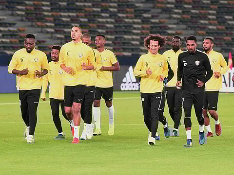 Al Ain players training at Zayed Sports City in Abu Dhabi last night. 