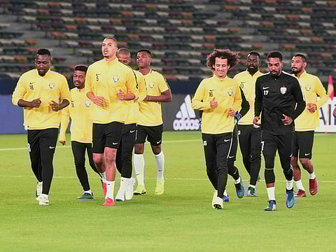 Al Ain players training at Zayed Sports City in Abu Dhabi last night. 