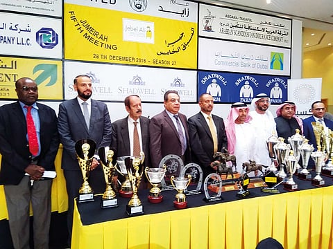 Abdullah Al Ansari, representing Shadwell, Shareef al Halawani and representatives of the sponsors at the Jebel Ali Racecourse during a press conference on Monday.