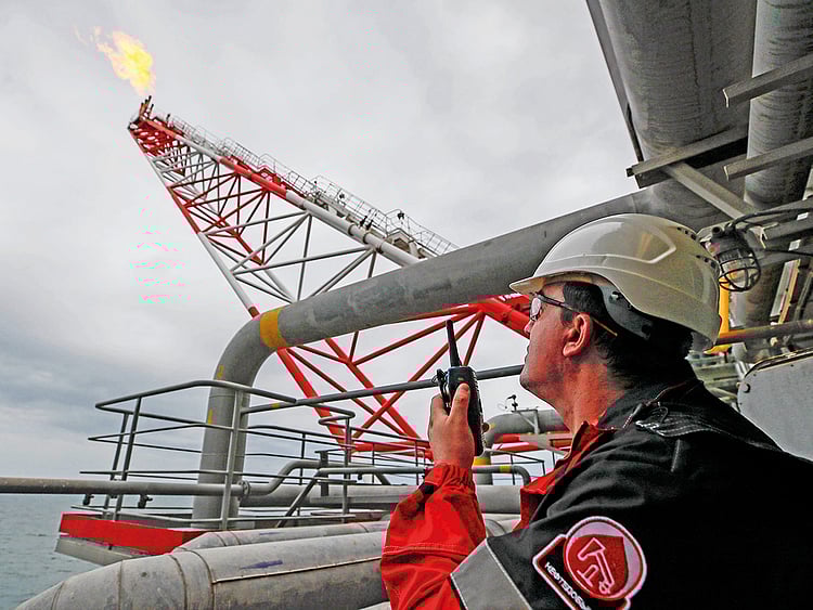 An oil platform operated by Lukoil in the Caspian Sea