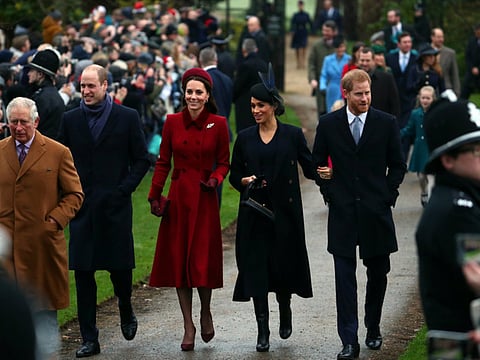Britain's Prince Charles, Prince William, Duke of Cambridge and Catherine Duchess of Cambridge along with Prince Harry, Duke of Sussex and Meghan, Duchess of Sussex arrive at St Mary Magdalene's church for the Royal Family's Christmas Day service on the Sandringham estate in eastern England, Britain, December 25, 2018. 