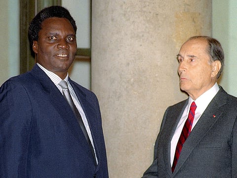 In this file photo taken on October 18, 1990 shows French president Mitterrand greets Rwandan president Juvenal Habyarimana in Paris. 