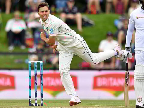 New Zealand's Trent Boult bowls during day two of the second Test cricket match between New Zealand and Sri Lanka at Hagley Park Oval in Christchurch on December 27, 2018.