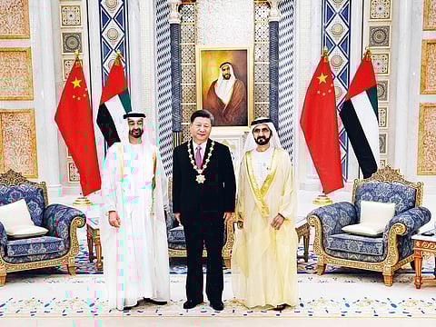 China outreach: Shaikh Mohammad Bin Rashid and Shaikh Mohammad Bin Zayed with Chinese President Xi Jinping, who arrived on a three-day state visit to the UAE, in Abu Dhabi on July 19. 