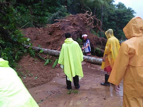 Landslides triggered by heavy rains made some roads impassable in Bicol region on December 29, 2018. Local officials use chainsaw to cut up felled trees that block the Magallanes-Bulan road in Sorsogon province.