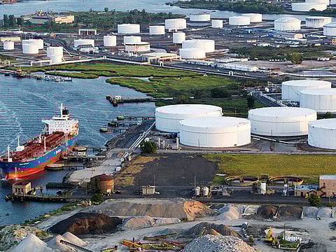 An oil tanker near a refinery in Bayonne, New Jersey. Oil prices soared on Tuesday, as some European and Asian countries along with several U.S. states began to ease coronavirus lockdown measures.