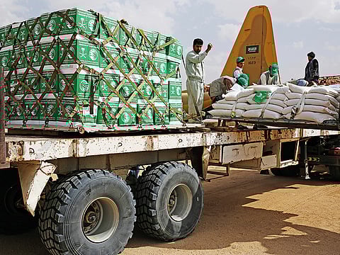 File picture shows relief aid being loaded onto a truck from a Saudi military aircraft in Marib, Yemen. 