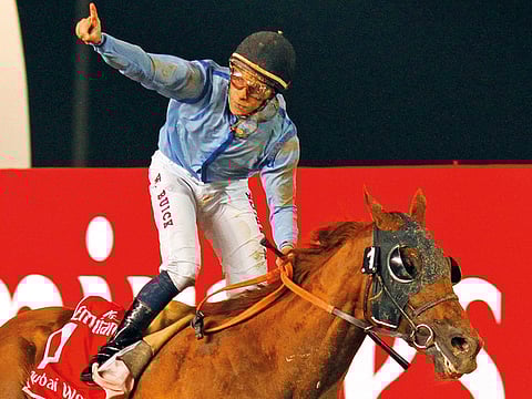 Wiliam Buick exults after winning the 2015 Dubai World Cup atop the Saeed Bin surour-trained Prince Bishop.