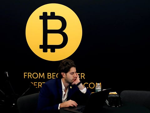 The Bitcoin logo at a Blockchain conference in New York. Picture used for illustrative purposes.