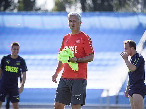 Switzerland's coach Vladimir Petkovic looks on during a training session at Torpedo Stadium in Tolyatti. He expects an awkward encounter against Wales when they open their Euro 2020 campaign in Baku today.