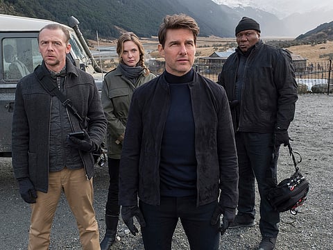 From left, Simon Pegg, Rebecca Ferguson, Tom Cruise and Ving Rhames in a scene from "Mission: Impossible - Fallout."