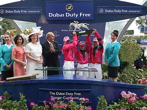 The Girls Team with the Dubai Duty Free Shergar Cup at Ascot