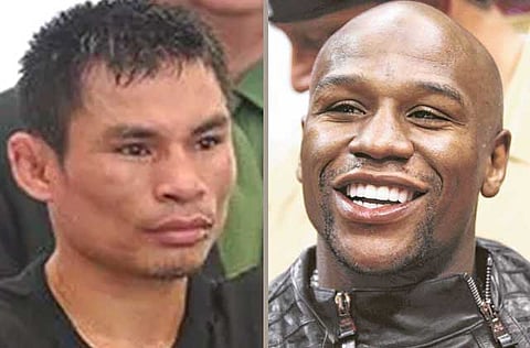 Wanheng Menayothin (left) and Floyd Mayweather 