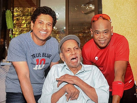 In this Oct 31, 2018 file photo cricket coach Ramakant Achrekar is seen with Sachin Tendulkar and Vinod Kambli in Mumbai.