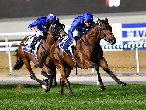 Dream Castle, ridden by jockey Chrostophe Soumillon and trained by Saeed Bin Suroor wins the Singspiel Stakes race on the first meeting of Dubai World Cup Carnival at Meydan racecourse on Thursday 03 January 2019. Photo: