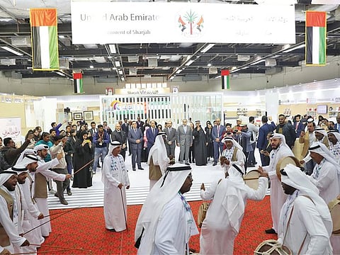 A cultural group, which is part of the Sharjah delegation at the New Delhi World Book Fair, performs a traditional Emirati dance during the opening of the fair on Saturday.