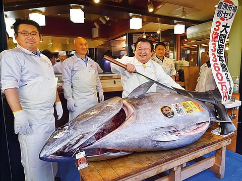 Kiyoshi Kimura (R), president of sushi restaurant chain Sushi-Zanmai, displays a 278kg bluefin tuna at his main restaurant in Tokyo on January 5, 2019.  