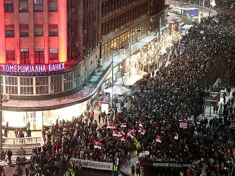 People attend an anti-government protest in Belgrade, Serbia, January 5, 2019. 