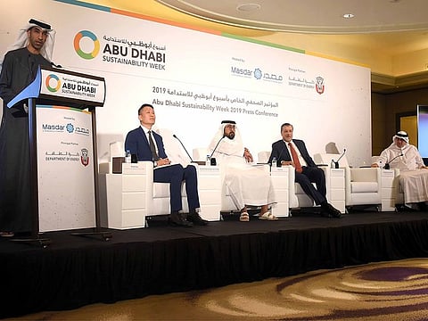Dr. Thani Bin Ahmed Al Zeyoudi, Minister of Climate Change and Environment, Richard Teng,  CEO, Financial Services Regulatory Authority of Abu Dhabi Global Market, Mohammad Juma Al Falasi, Undersecretary of Department of Energy, Abu Dhabi,  Adnan Z. Amin Director-General of the International Renewable Energy Agency, (IRENA) and Mohammad Jameel Al Ramahi, CEO of Masdar are seen during their press conference  at Westin  Abu Dhabi Golf Resort yesterday to launch Abu Dhabi Sustainability Week. 