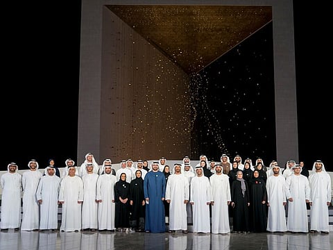His Highness Shaikh Mohammad Bin Zayed Al Nahyan, Crown Prince of Abu Dhabi and Deputy Supreme Commander of the UAE Armed Forces (8th R), attends the launch of the National Experts Programme, at The Founders Memorial.