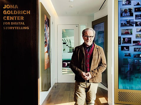 Steven Spielberg, the founder of the USC Shoah Foundation, in its newly expanded offices at the University of Southern California in Los Angeles
