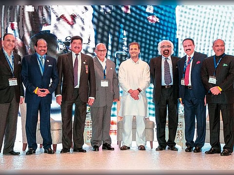 Rahul Gandhi with business leaders Yusuff Ali M.A, Dr B R Shetty,  Dr Azad Moopen and Suresh Kumar, the IBPC chairman,  Sam Pitroda, chairman of Indian Overseas Congress with other delegates during an interactive meeting organised by the Indian Business and Professional Council in Dubai.