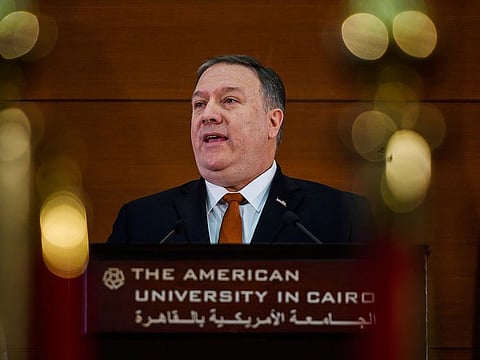 Secre­tary of State Mike Pompe­o speaks to students at the Ameri­can Unive­rsity in Cairo in New Cairo, Egypt, Jan. 10, 2019. 