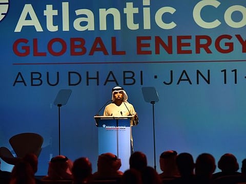 UAE Minister of Energy Suhail Al Mazroui giving the opening speach during the Atlantic global energy forum in Abu Dhabi.